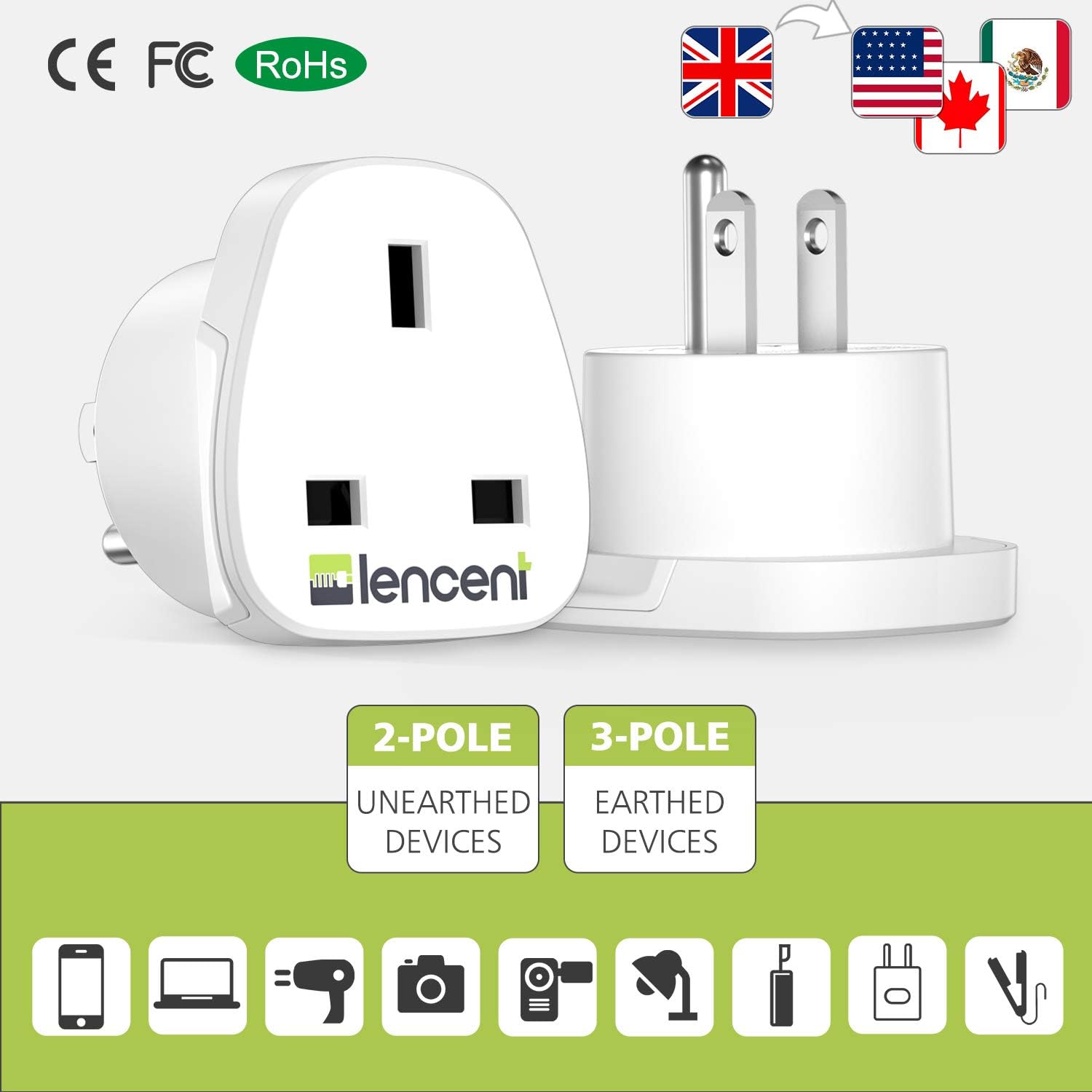 UK to US America Plug Adapter, LENCENT 2 Pack Grounded USA Visitors Travel Converter, Converts All Type G Plugs from United Kingdom UK Singapore Malaysia UAE Ireland Malta Hongkong and etc. (Type B): Home Audio & Theater