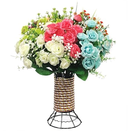 Fleurs Artificielles 8 Bundles Faux Fleurs Avec Vase Plastique Fleurs Bouquet Pour Maison Jardin Fête Mariage Bureau Décoration