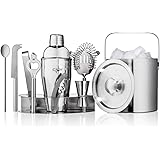 GSCW Bar Set with Ice Bucket - 10 Piece Stainless Steel Bartender Mixology Kit with Cocktail Shaker, Jigger, Strainer, Corkscrew, Bottle Opener, Tongs, Stirrer, Cheese Knife and Stand