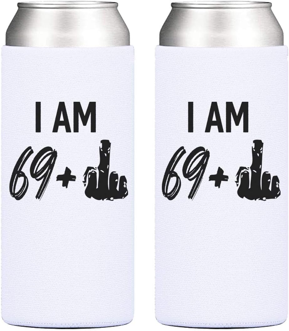 70th Birthday Party Cooler - 69 + 1 Middle Finger, 12 oz Slim Can Cooler, Gifts for Women Turning Seventy, Cheers to 70 Years – Set of 2