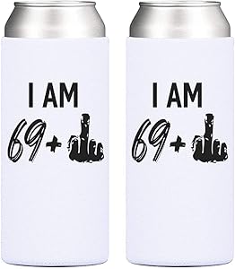70th Birthday Party Cooler - 69 + 1 Middle Finger, 12 oz Slim Can Cooler, Gifts for Women Turning Seventy, Cheers to 70 Years – Set of 2