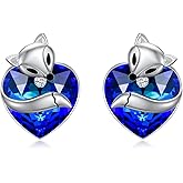 925 Sterling Silver Cute Fox Studs Earrings with Heart Crystal from Austria, Fox Jewelry Gifts for Women