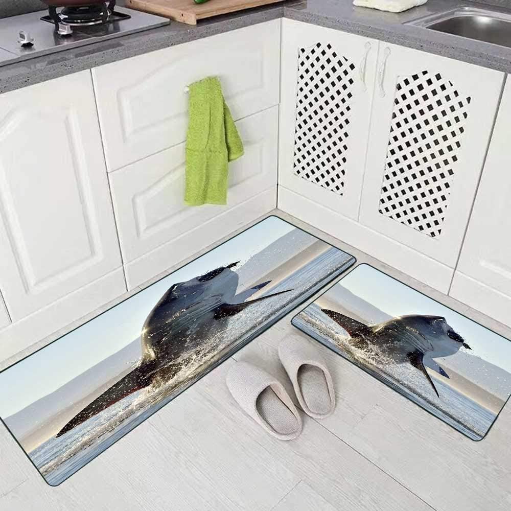 Musesh 2 Pieces Kitchen Rugs and Mats Non Skid Washable Great White Shark in Attack Hunting of South Africa Carcharias Kitchen Rug Set 17"X48"+17"X24" Kitchen Carpets and Rugs Modern Kitchen Rug