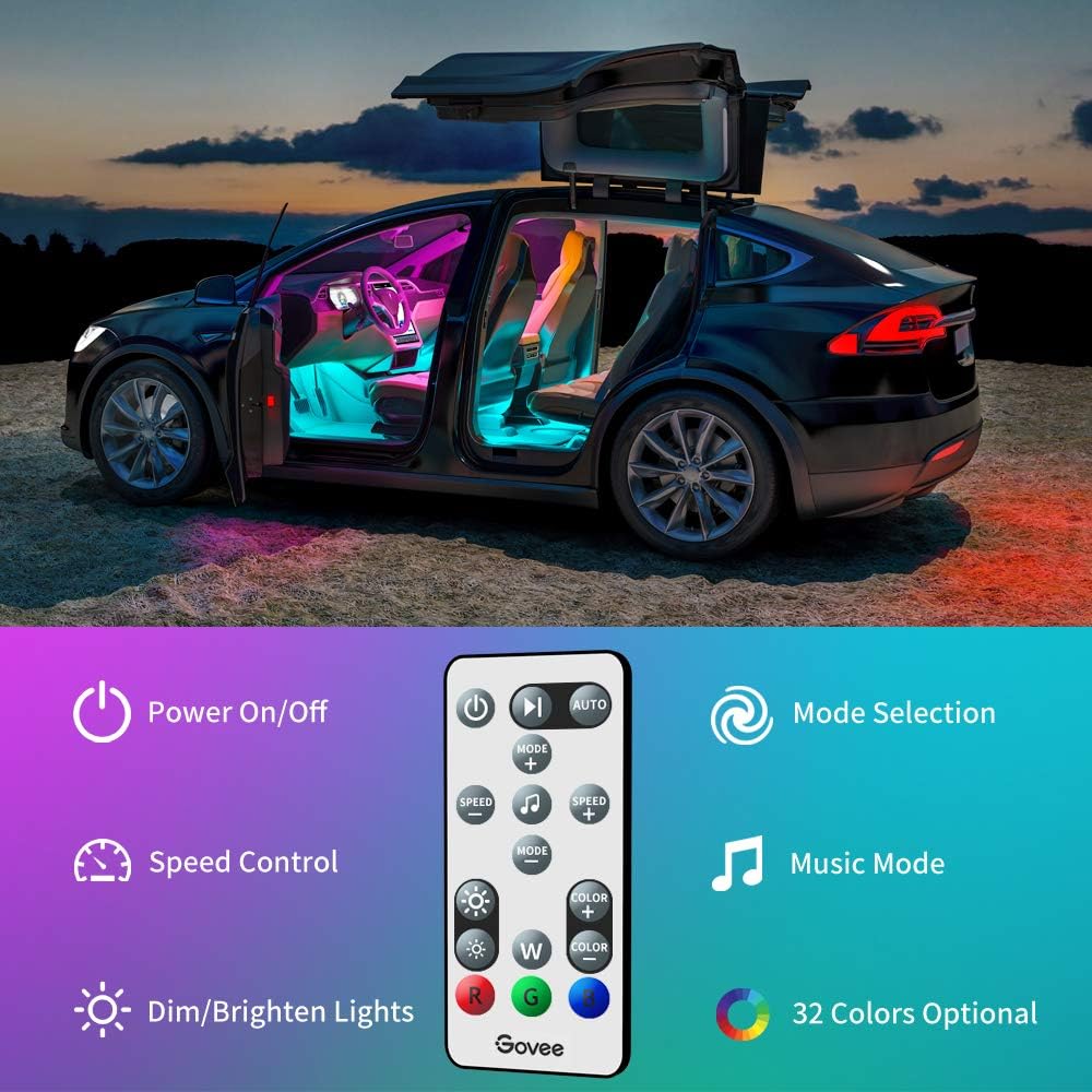 Govee Interior Car Lights, Upgraded 2-in-1 Design 48 LEDs Car LED Strip Lights with Remote and Control Box, Music Sync Under Dash Car Lighting with 32 Colors for Various Car, Car Charger Included, 12V: Automotive