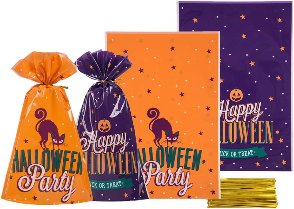 Halloween Cello Bags 5.5x8 inch for Treat Candy Cookie Party Favor Bags, Purple and Orange,Pack of 100