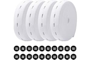 Yookat 4 Rolls Elastic Band with Holes Elastic Band Button Elastic Button Holes Sewing Elastic Bands with Buttonhole and 100Pcs 18mm Black Resin Button (White and White, 3/4 inch)