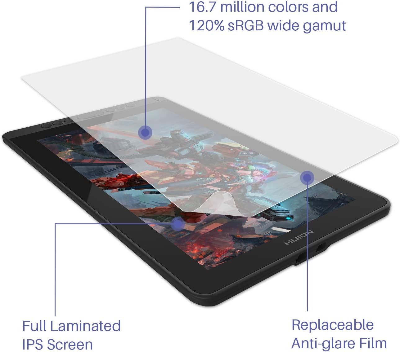 2020 HUION Kamvas 13 Android Support Graphics Drawing Tablet Monitor with Full Laminated Screen Battery-Free Stylus 8192 Pressure Sensitivity Tilt 8 Express Keys Adjustable Stand-13.3inch, Black: Computers & Accessories