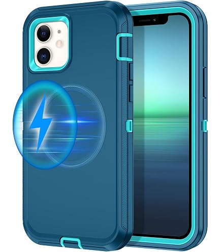 YmhxcY 3-in-1 Schutzhülle Für IPhone 12/12 Pro – Anti-Drop, Aqua Blue/Lime Green, Kabelloses Laden