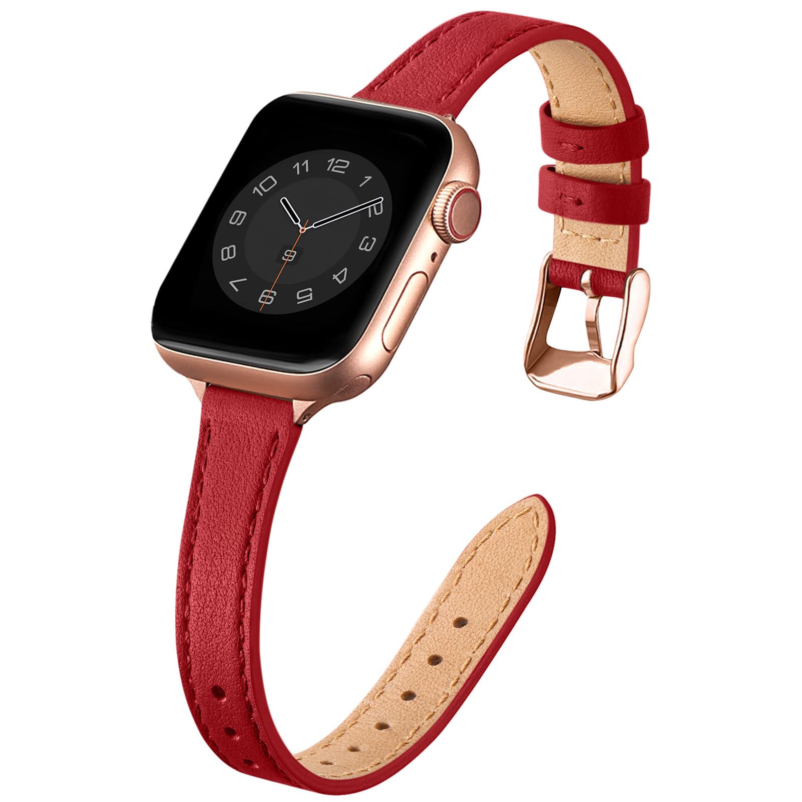 SUNFWR Compatible with Apple Watch Strap 42mm 44mm 45mm,Genuine Leather Strap Replacement,Slim&Thin Wristband for iwatch Series 7/6/5/4/3/2/1,SE(42mm 44mm 45mm,Red&Rosegold)