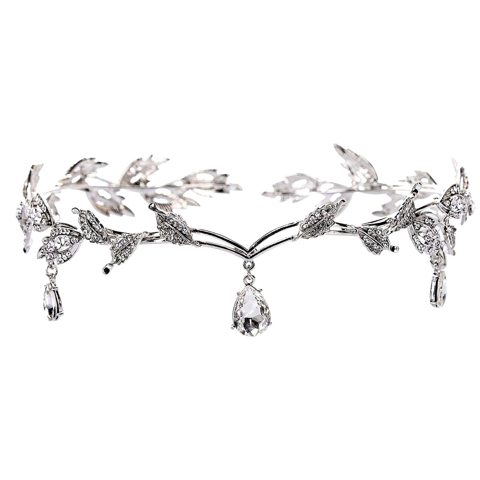 DonLeeving Elegant Rhinestone Leaf Wedding Silver Tiaras and Crowns Crystal Pendent Tiara Headband for Bride Bridesmaid Birthday Crown Cosplay Accessories for Women