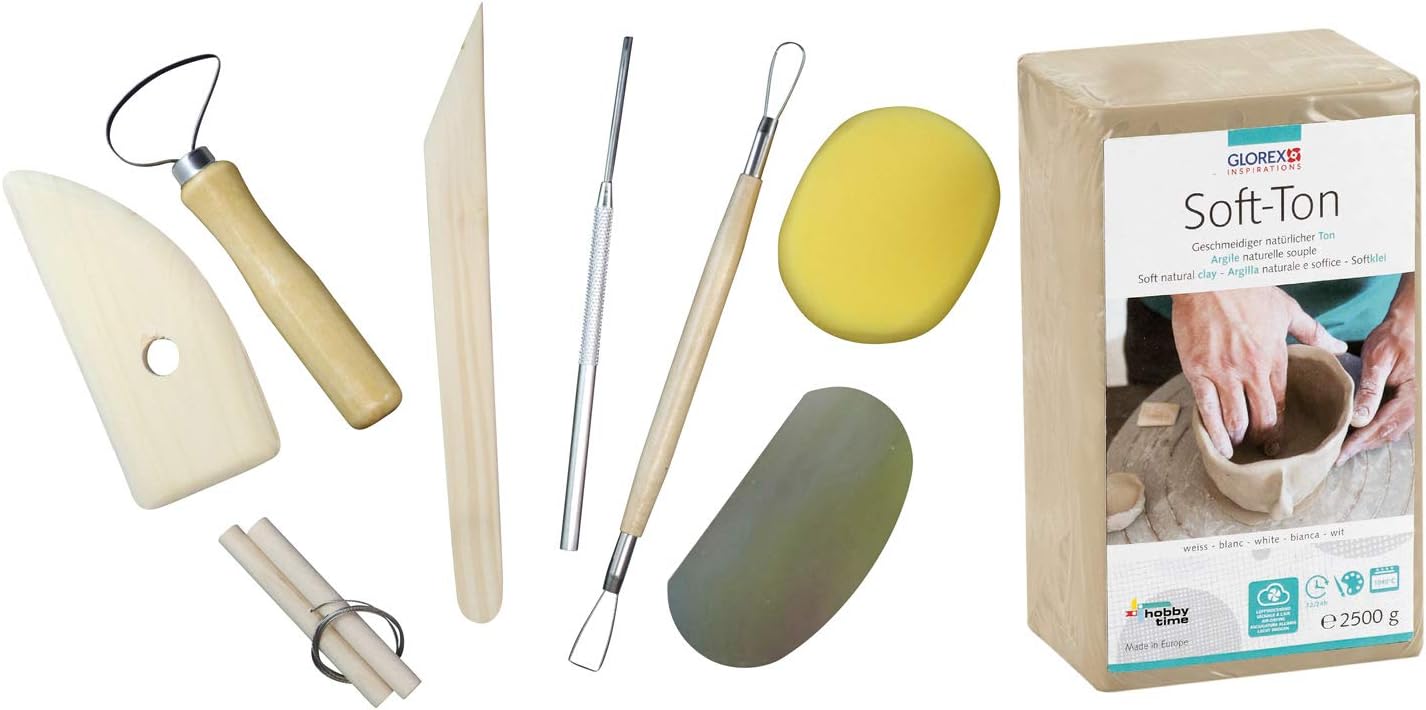 GLOREX 6 8075 301K - Set für Kreative: Soft Ton 2500 g in weiß, lufthärtend oder brennbar und 8 teiliges Set mit strapazierfähigem Modellierwerkzeug