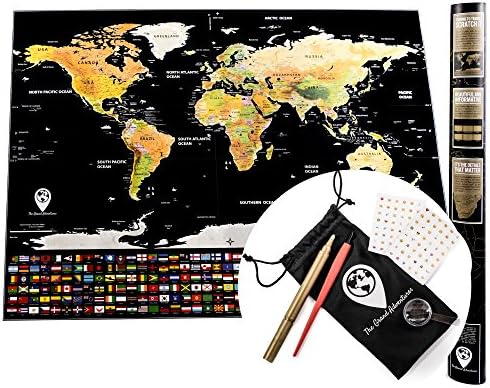 Scratch Off World Map: 252 Country Flags, Major Cities, National Forests FREE: Scratch Tool, Cleaning Cloth, Magnifying Glass, Gold Erasable Marker, 2 Sticker Sheets, Carrying Pouch 32.4 X 23.4 inches