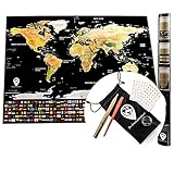 Scratch Off World Map: 252 Country Flags, Major Cities, National Forests FREE: Scratch Tool, Cleaning Cloth, Magnifying Glass, Gold Erasable Marker, 2 Sticker Sheets, Carrying Pouch 32.4 X 23.4 inches