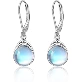 POPLYKE Moonstone/Turquoise/Larimar/Moss Agate/White Opal/Rose Quartz/Labradorite/Lapis Lazuli/Black Agate Earrings for Women Sterling Silver Small Round Stone Leverback Earrings Jewelry
