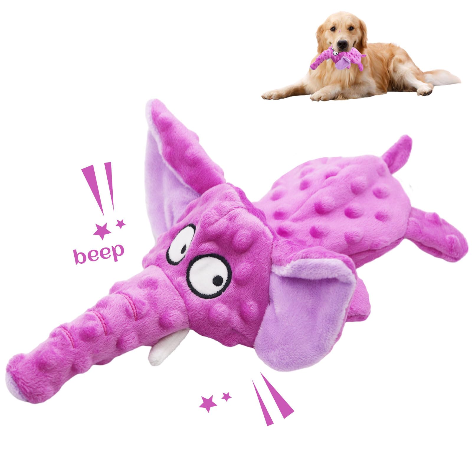 Acehome Squeaky Interactive Elephant Toy for Dogs - No Stuffing Plush Chew Toy With Crinkle Paper - Durable for Medium and Large Dog - Gifts for Playing and Training