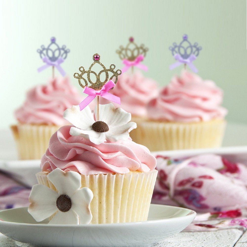 Pack 10pcs Princess Crown Cupcake Topper with Cute Bows