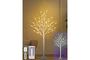 FASTDENG 4FT Lighted Birch Tree with 60 LED Warm White and Multicolor Lights, 8 Modes, Timer Remote Faux Prelit Twig Christmas Tree with Lights for Indoor Outdoor Xmas Holiday Party Decoration