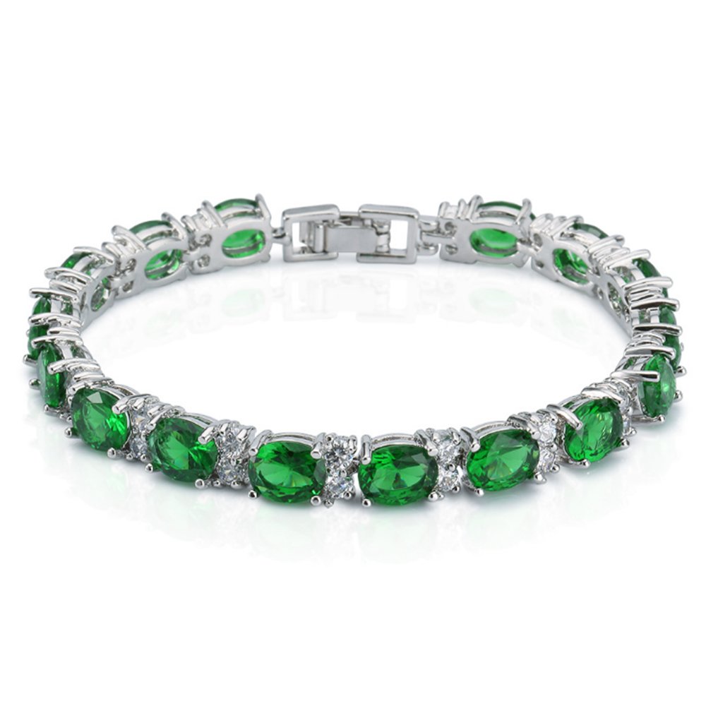 Deyanse Tennis Bracelet for Women, 18K White Gold Plated Bangles with Green Oval & White Round 5A Cubic Zirconia, Hypoallergenic 7 Inch Birthstone Bracelet, Fashion Women's Bracelets with Gift Box