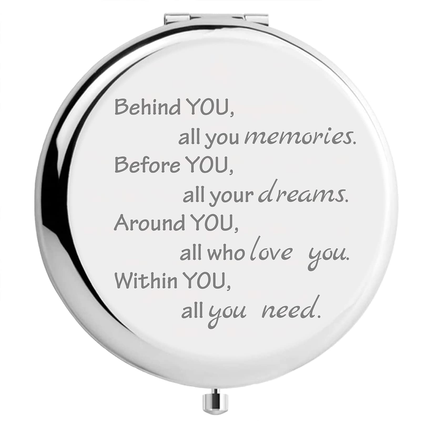 CREATCABIN Compact Pocket Mirror Behind You All Your Memories Inspirational Quote Travel Two-sided Folding Gift for Mom Dad Friends Sister Christmas Birthday Graduation Leaving Gifts Silver — image 1