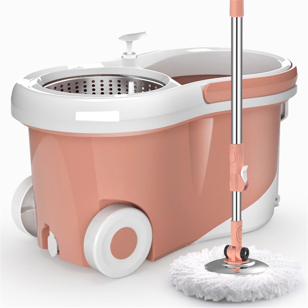 New 360 Degree Magic Spin Mop Wheels Stainless Steel Spin-Dry Bucket,Rose Gold + 4 MOP heads