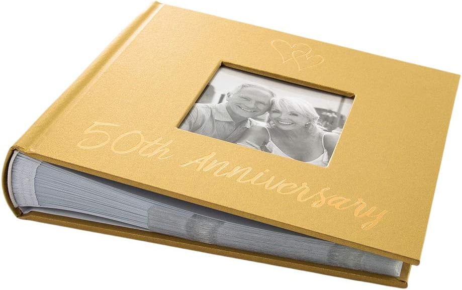 Happy Homewares Lovely Golden 50th Wedding Anniversary Photo Album with Double Heart Decoration - Inner Lining Pages to Personalize - Image 3