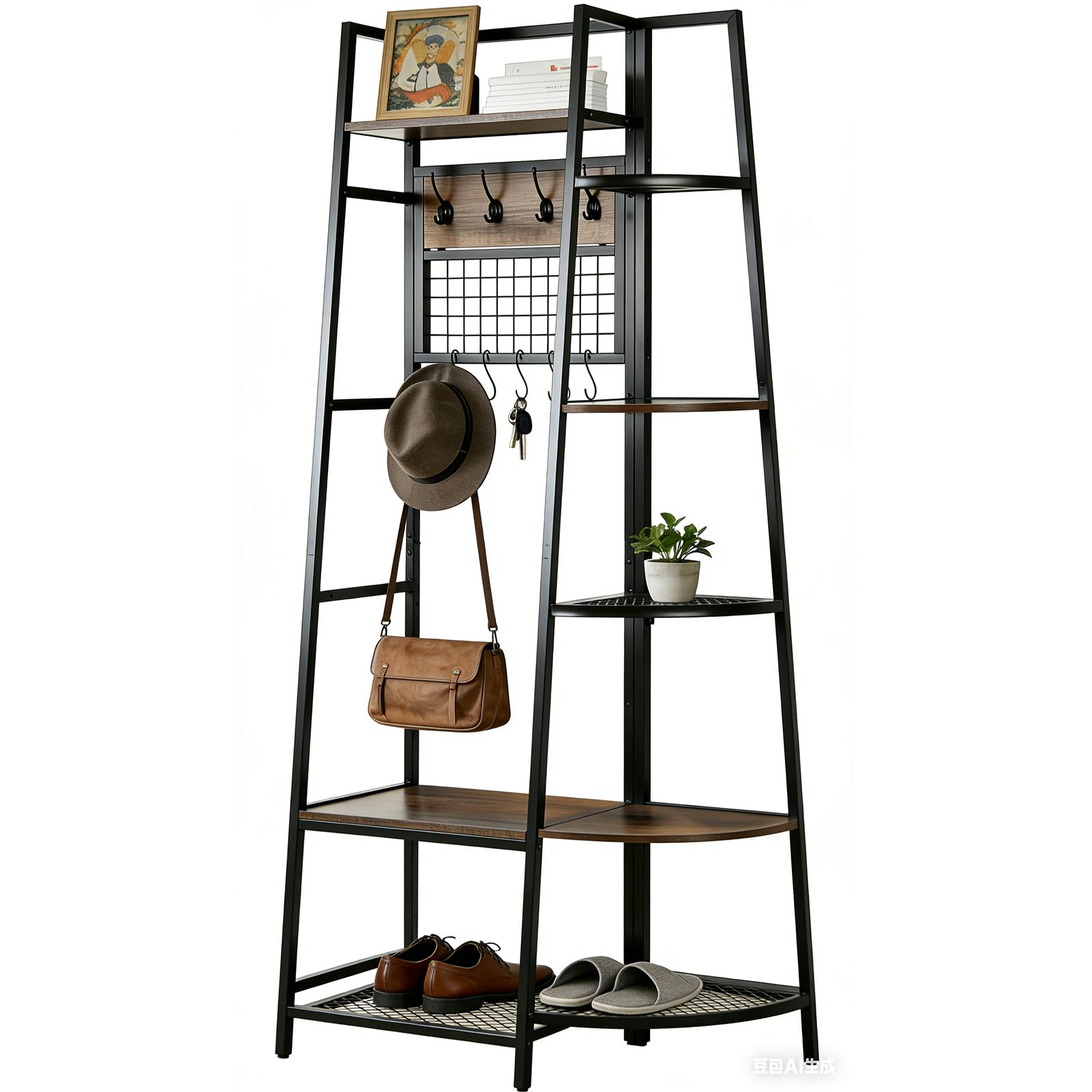 Photo 1 of DOEWORKS Entryway Hall Tree with Storage Shelves, Freestanding Industrial Storage Rack Organizer Tower with Hooks, Rustic Brown