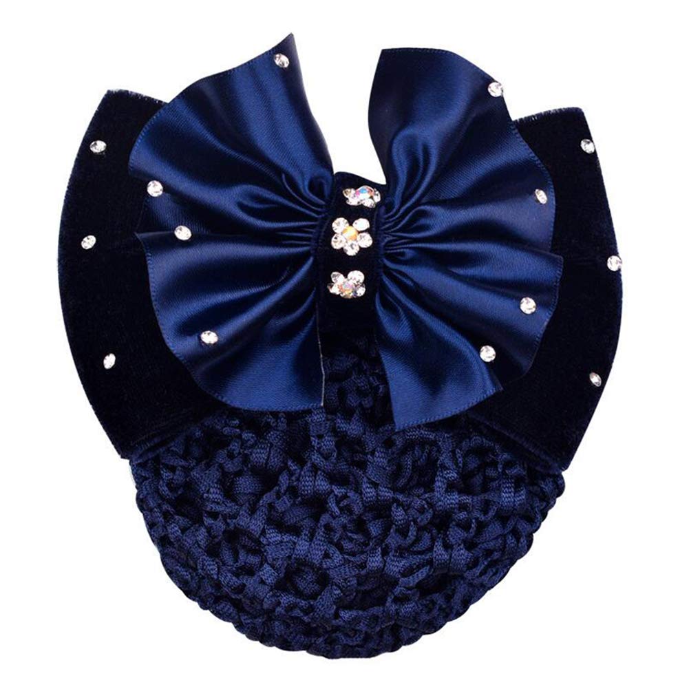 VASANA Women Lady Girls Professional Bowknot Decor Snood Net Rhinestone Barrette Hair Clip Elastic Hair Cover Bun Hairnet Hair Accessories for Nurse Bank Worker Air Hostess Quick Style (Blue)