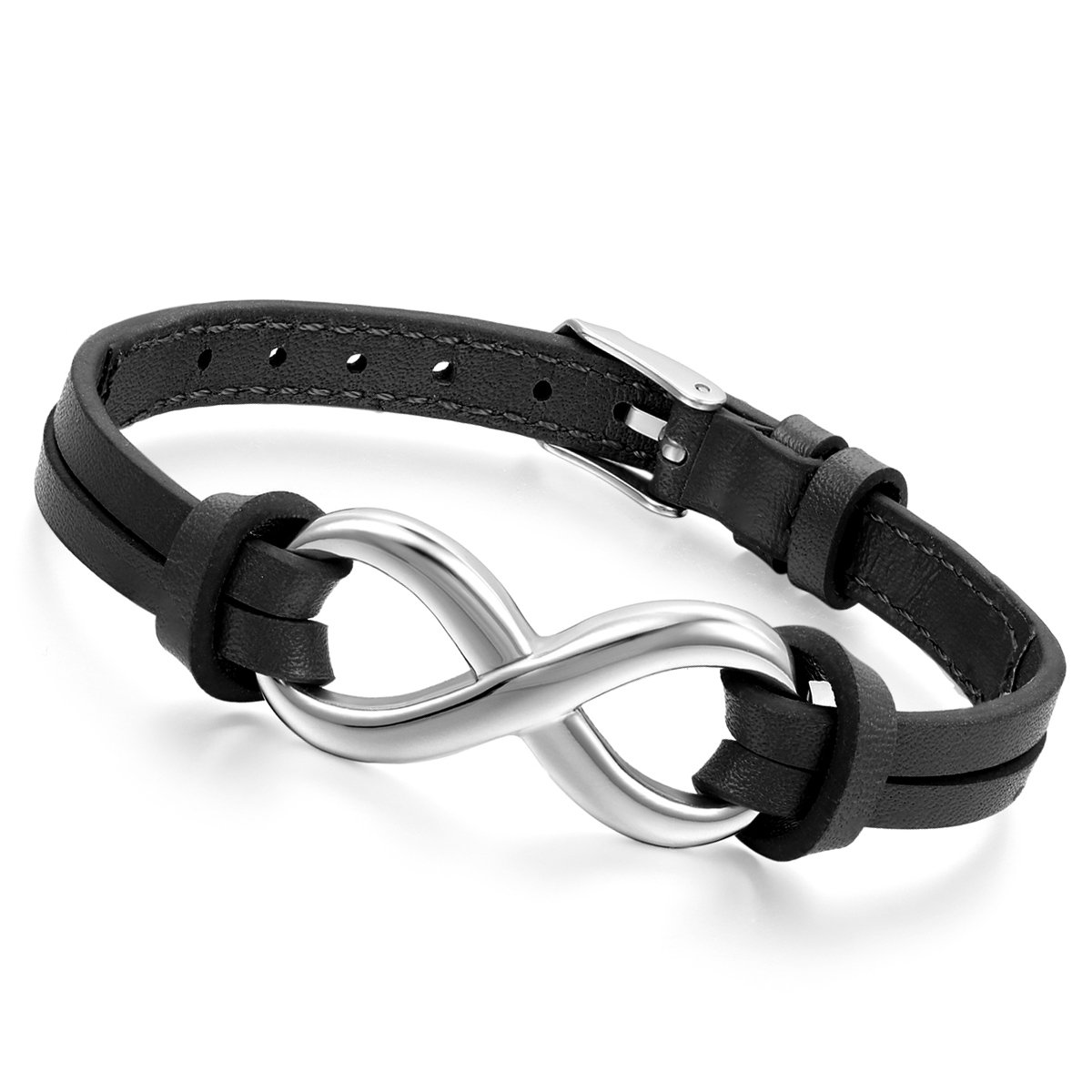Cupimatch Adjustable Stainless Steel Love Infinity Leather Bracelet for Men Women, Black (Black) — image 1