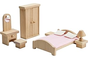 PlanToys® Classic Dollhouse Bedroom Furniture Set | Eco-Friendly Wooden Dollhouse Accessories for Kids | Includes Bed, Closet, Vanity, Chairs & Lamp | Pretend Play Montessori Toy