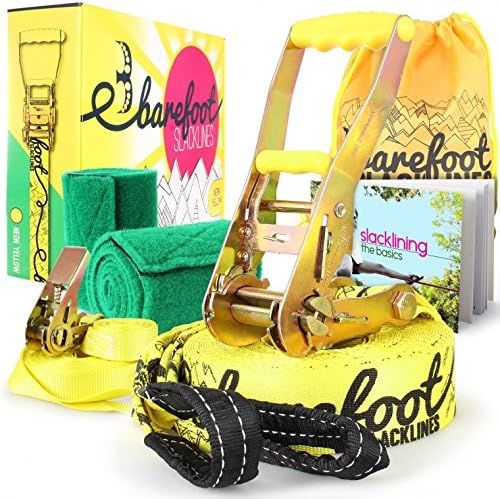 Barefoot Slacklines 15m Line! Complete Set Including Slackline, Ratchet, Training Line, Bark Protectors & Instructions! Easy Setup Family Slack Line Kit with 3 Fluro Colours Available!
