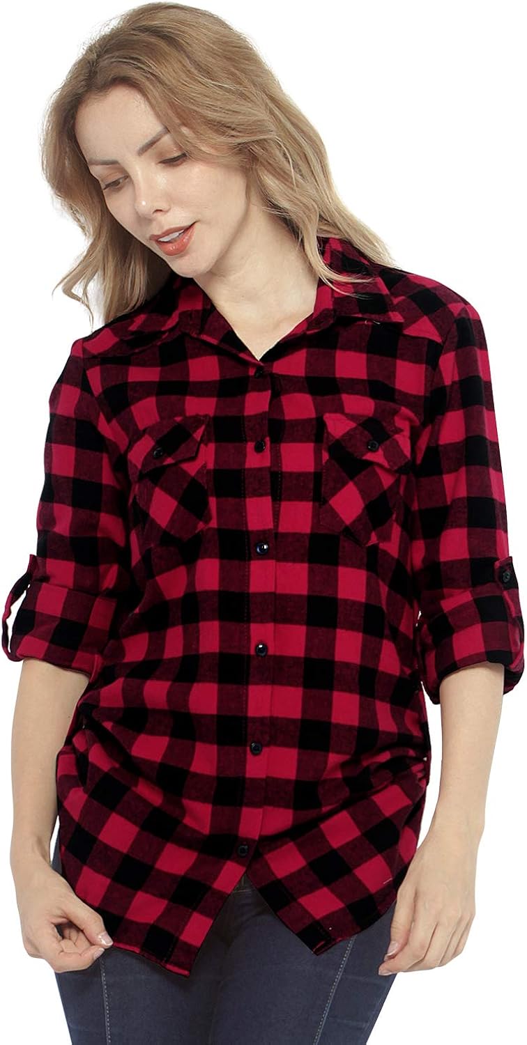 Match Women's Long Sleeve Flannel Plaid Shirt at  Women’s Clothing store