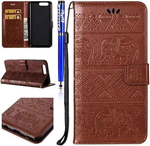 FESELE Huawei P10 Plus Case PU leather Cover with Elephant Embossing Stylish Yet Simple Design PU Leather Bookstyle Wallet Case Magnetic Closure with Stand Function PU Leather Wallet Flip Cover Sleeve Card Slot and Banknotes Pocket with Hand Strap Lanyard For [Huawei P10 Plus] + 1 x Blue Stylus Pen- Brown