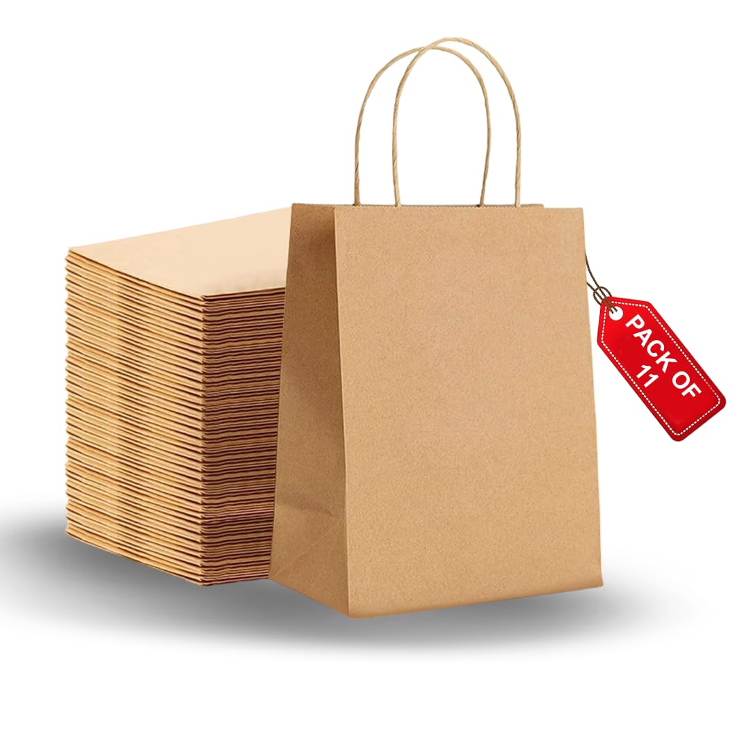 Xsmall Pack of 11 -Brown kraft bags Recyclable brown bags with handles - Flat Bottom for Good Friday - Kraft paper bag Perfect for Easter, Shopping, Grocery, Packaging & Parties (24×18×8 CM)