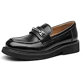 BEAU TODAY Chunky Platform Loafers Women, Slip On Penny Loafers for Women Casual Shoes, Leather Comfortable Business Office Ladies Dress Shoes with Metal Buckle Black US 8