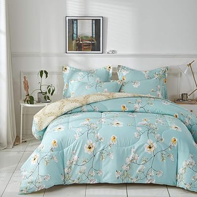 Joyreap 3pcs Floral Comforter Set, Blue Reversible Twin Bedding