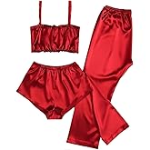 Women's 3 Pieces Pajama Sets Pants Shorts Satin Sleepwear 3pcs/Set Home Wear Camisole Shorts and Long Pants Pajama Set red