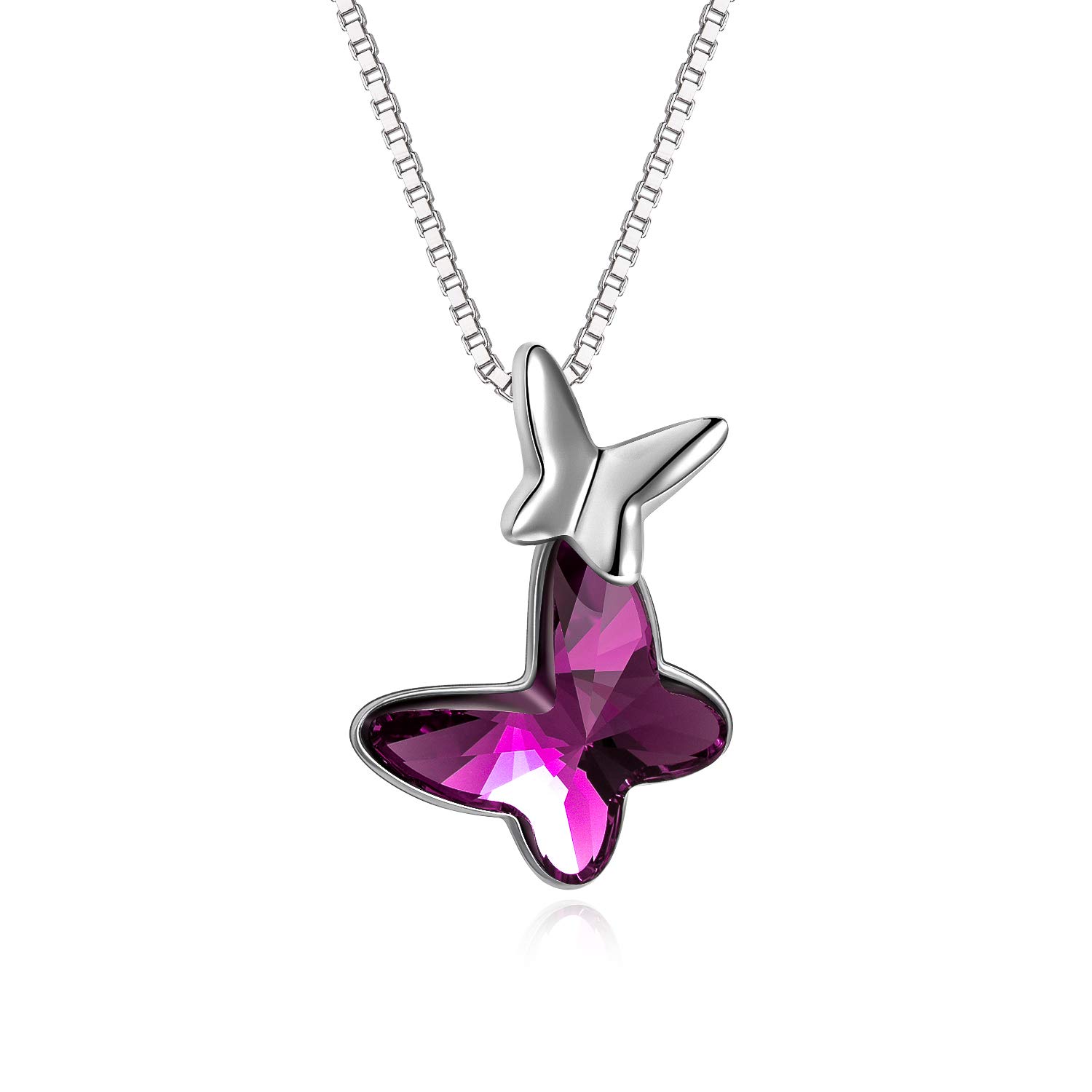 AOBOCO Sterling Silver Butterfly Pendant Necklace with Purple Crystals, Birthday Jewellery Gifts for Women Girls