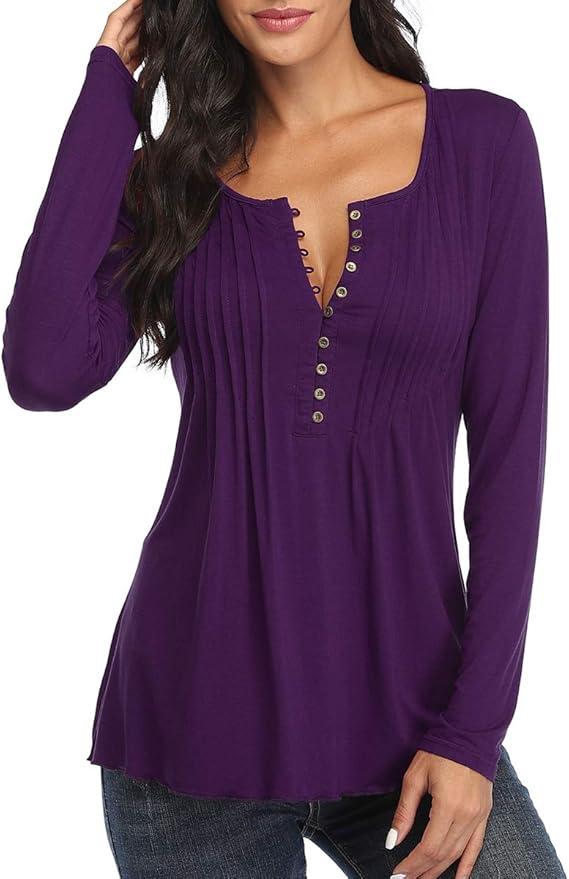 Dilgul Women Peasant Tops Henley Shirt Long Sleeve Casual Pleated Front