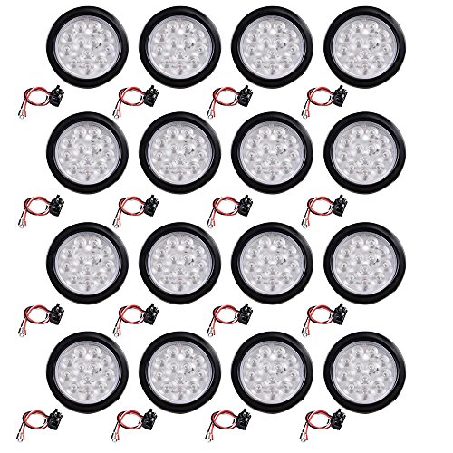 16pcs White 4" Round 12-LED Back-up Reverse Tail Light Grommet Wiring Plug Kit 12V Truck Trailer RV UTE UTV