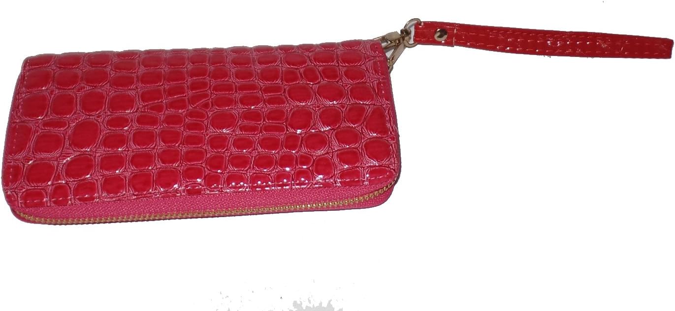 Soft Purse Case Long Organizer Wallet Zippered Around Clutch Card Holder with Wristlet Strap (Faux Alligator Skin - Pink - 13838-PK)