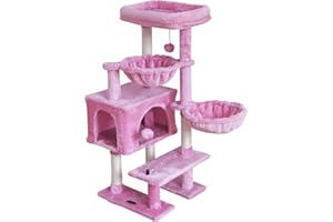 KIYUMI Cat Tree Cat Tower Condo with Sisal Scratching Post for Indoor Cats Cat Tree Cat Furniture with Hammock Perch and Kitten Ball Toys, Multi-Level Pet Activity Center Pink