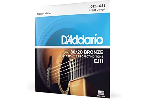 D'Addario Acoustic Guitar Strings, 80/20 Bronze, EJ11, Light Gauge 12-53, 6-String Set, Pack of 1
