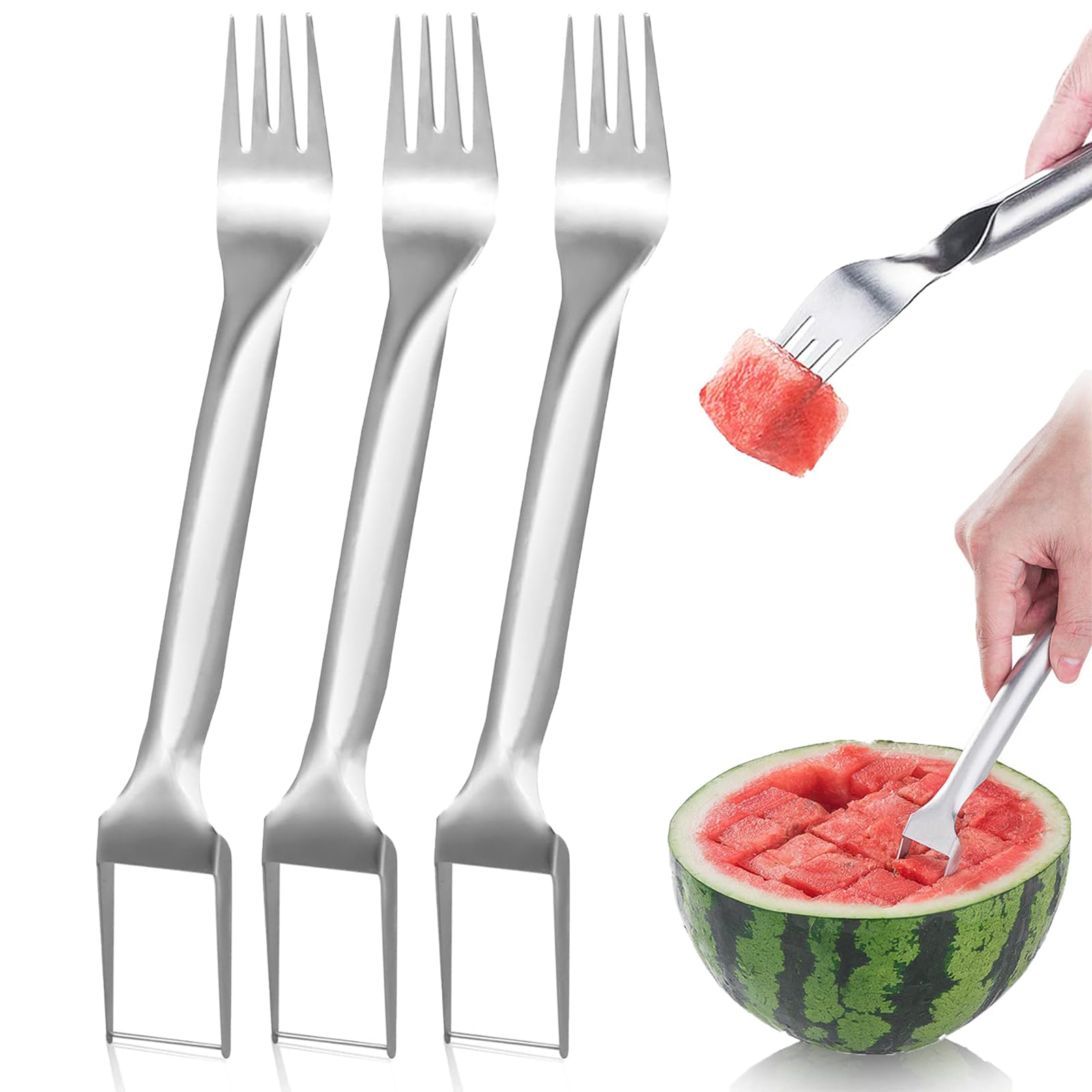 Photo 1 of 3 Packs 2-in-1 Watermelon Fork Slicer Fruit Cutter, Stainless Steel Watermelon Cutter Artifact, Watermelon Cut ter Slicer Tool Fruit Forks Sli cer Knife Kitchen Gadgets