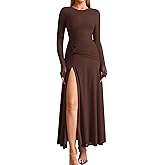 KUTUMAI Long Sleeve Slit Formal Dresses for Women 2025 Fall Wedding Guest Cocktail Party Modest Ruched Maxi Dress