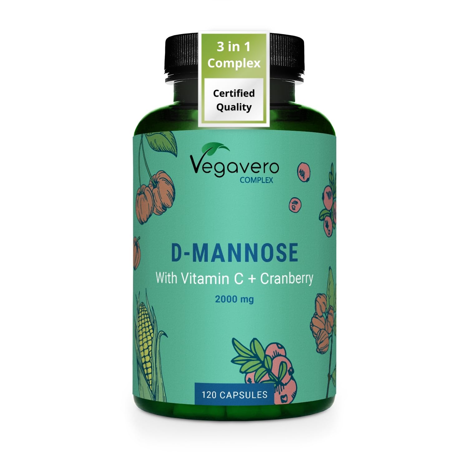 Vegavero D-Mannose Complex | 2000 mg Pure D-Mannose + Natural Vitamin C + Cranberry Extract | 100% Natural UTI Support | NO Additives and Lab-Tested | Vegan