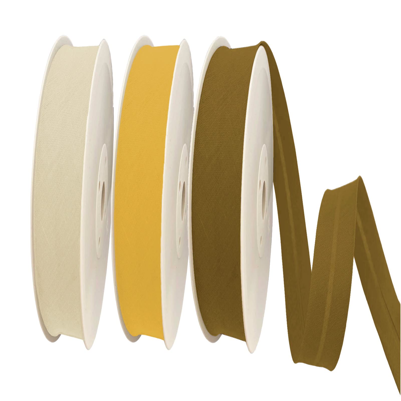 TEXTEX = 20mm Wide Bias Binding Tape. 50% Cotton and 50% Polyester. Pack of 3 Pieces of 10m Each - (Light Yellow/Yellow/Ocher)