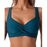 Tainehs Women's Push Up Bikini Top Twist Front V Neck Swimsuit Top Wide Shoulder Straps Bathing Suit Top