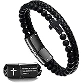 Hengbofeng Mens Bracelet Cross, Black Braided Leather with Stainless Steel Cross & Onyx Bead Cuff Bracelet,7.5-9.5 Inch Fit for Dad, Brother, Son - Bible Verse Christian Religious Gift for Men