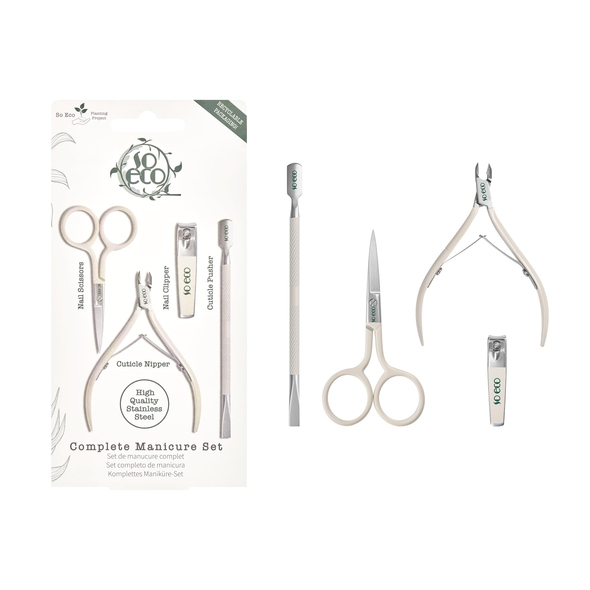So Eco Nail Grooming Set - 4 Essential Tools for Manicures & Cuticle Care, Stainless & Carbon Steel, Eco-Friendly, Plastic-Free Packaging, Vegan & Cruelty-Free