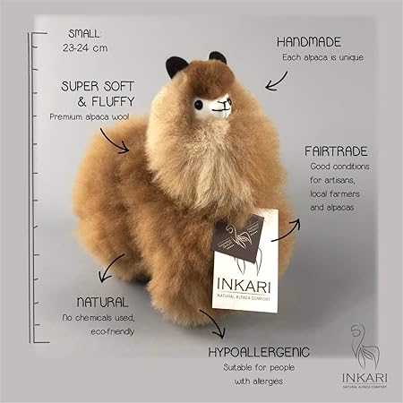 Alpaka Plüschtier aus echter Alpaka-Wolle, handgefertigte Unikate, fair und nachhaltig produziert, weiß und braun, großes Sto